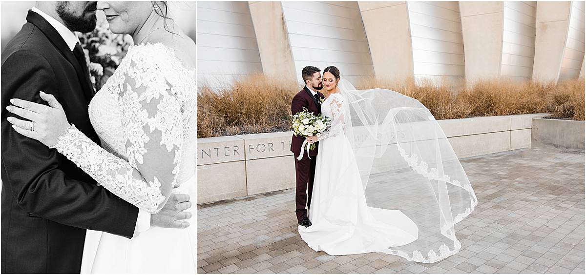 Bride and Groom Portrait at Kauffman Center for Performing Arts for a Winter Wedding by Kansas City Photographer West Rose Photo and Film