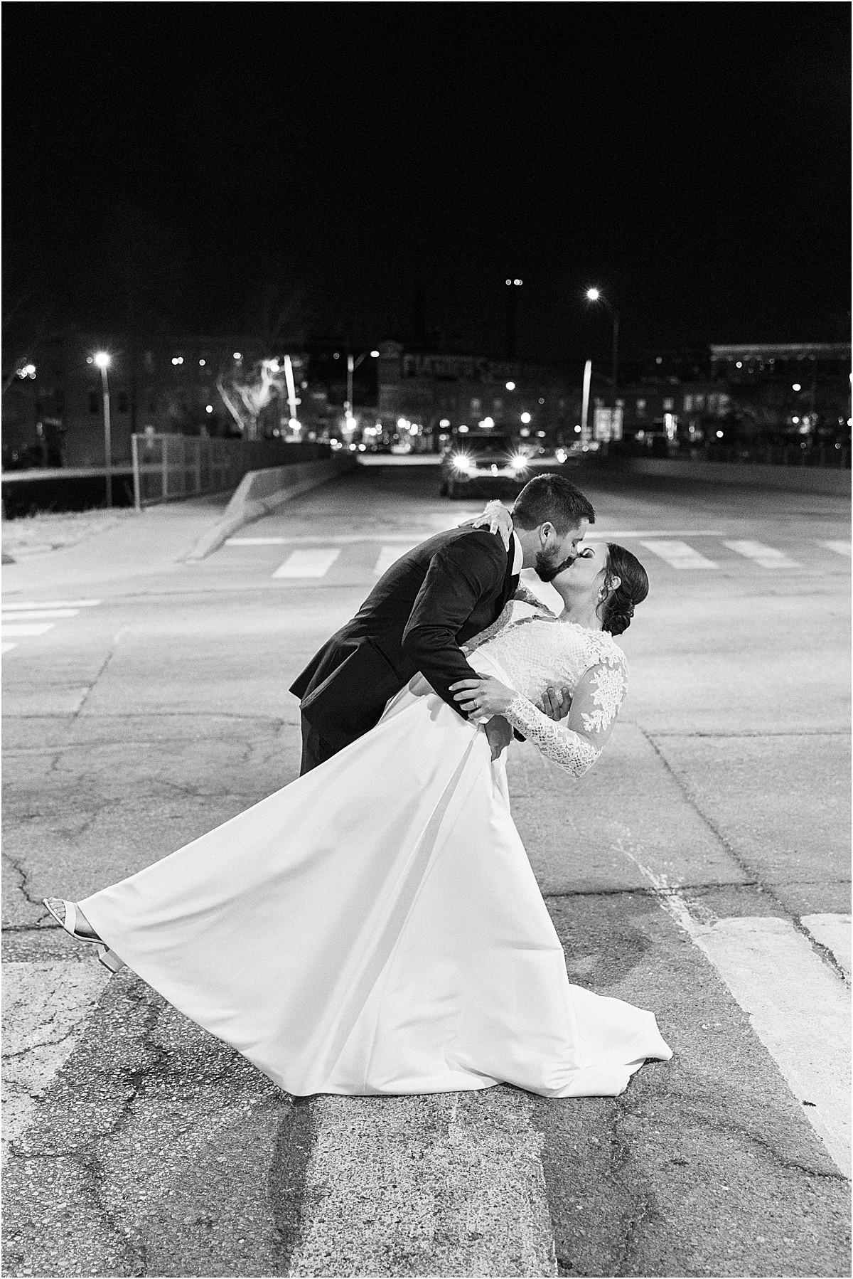 Downtown nightime wedding portraits at Magnolia Venue and Urban Garden by Kansas City Photographer West Rose Photo and Film