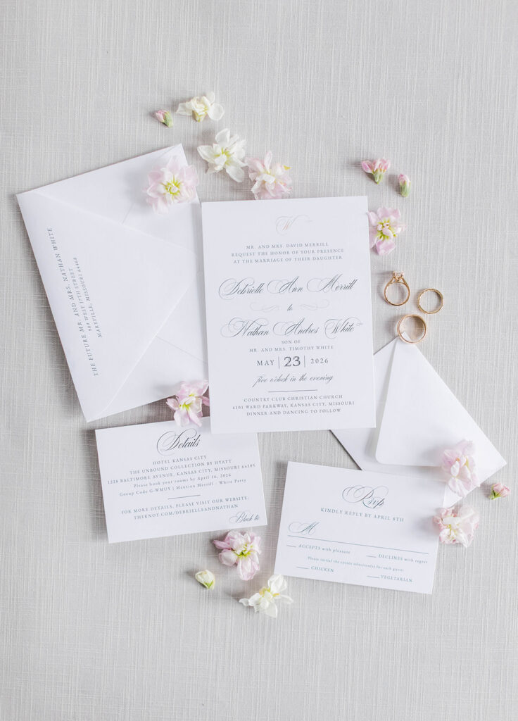 Classic Script Stationary Flatlay with pink flowers
