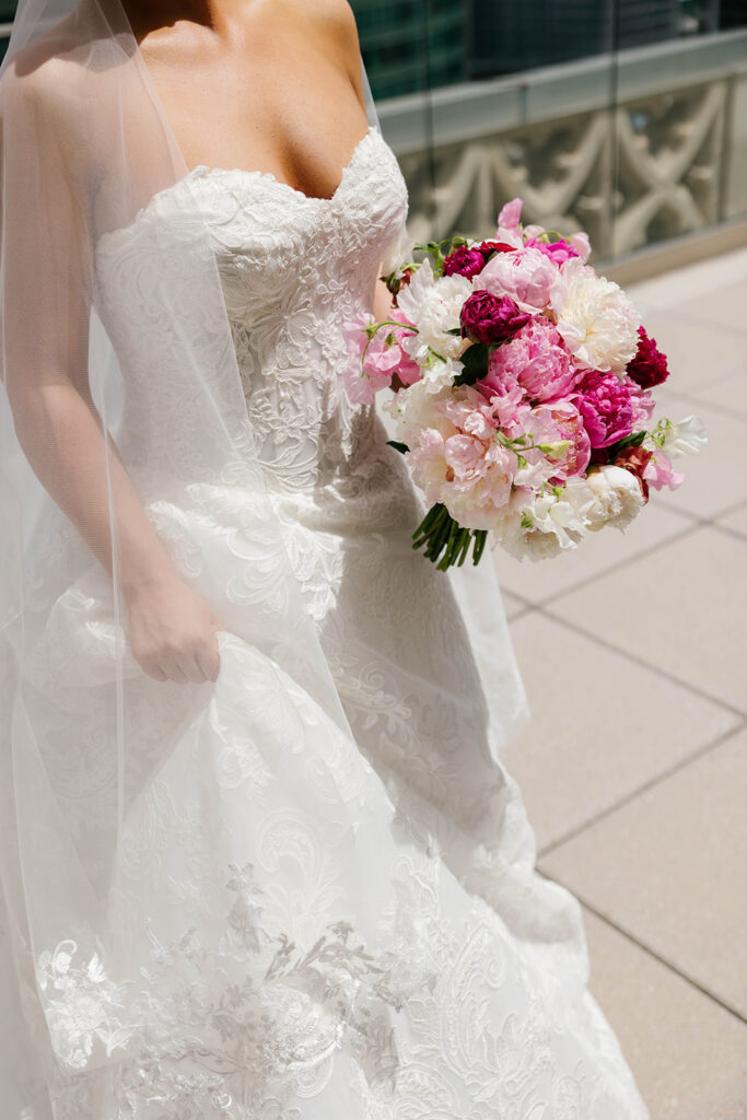 Bride Portrait holding bouquet on Rooftop of Hotel Kansas City