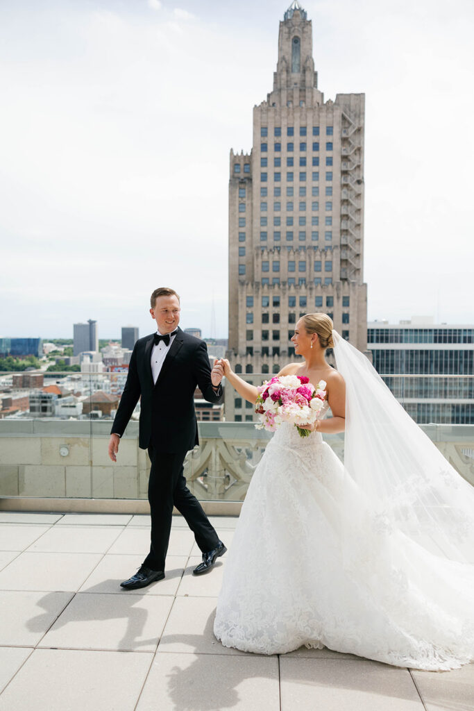 Bride and Groom portrait on Rooftop of Hotel Kansas City